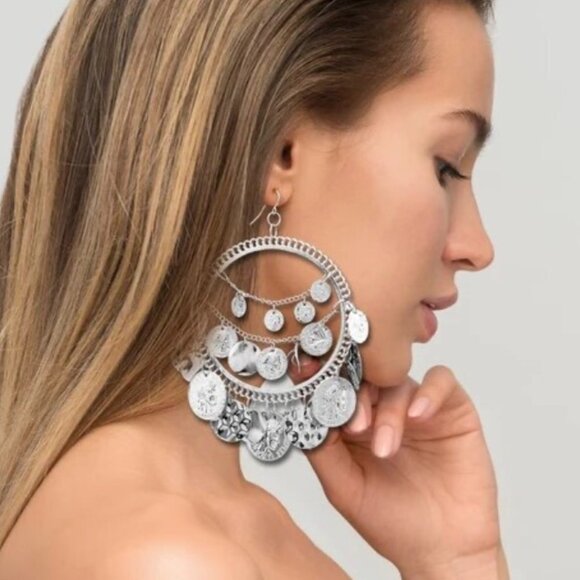 Giant Silver Tone Gypsy Hoop earrings covered in silver coin charms NEW - Picture 1 of 4
